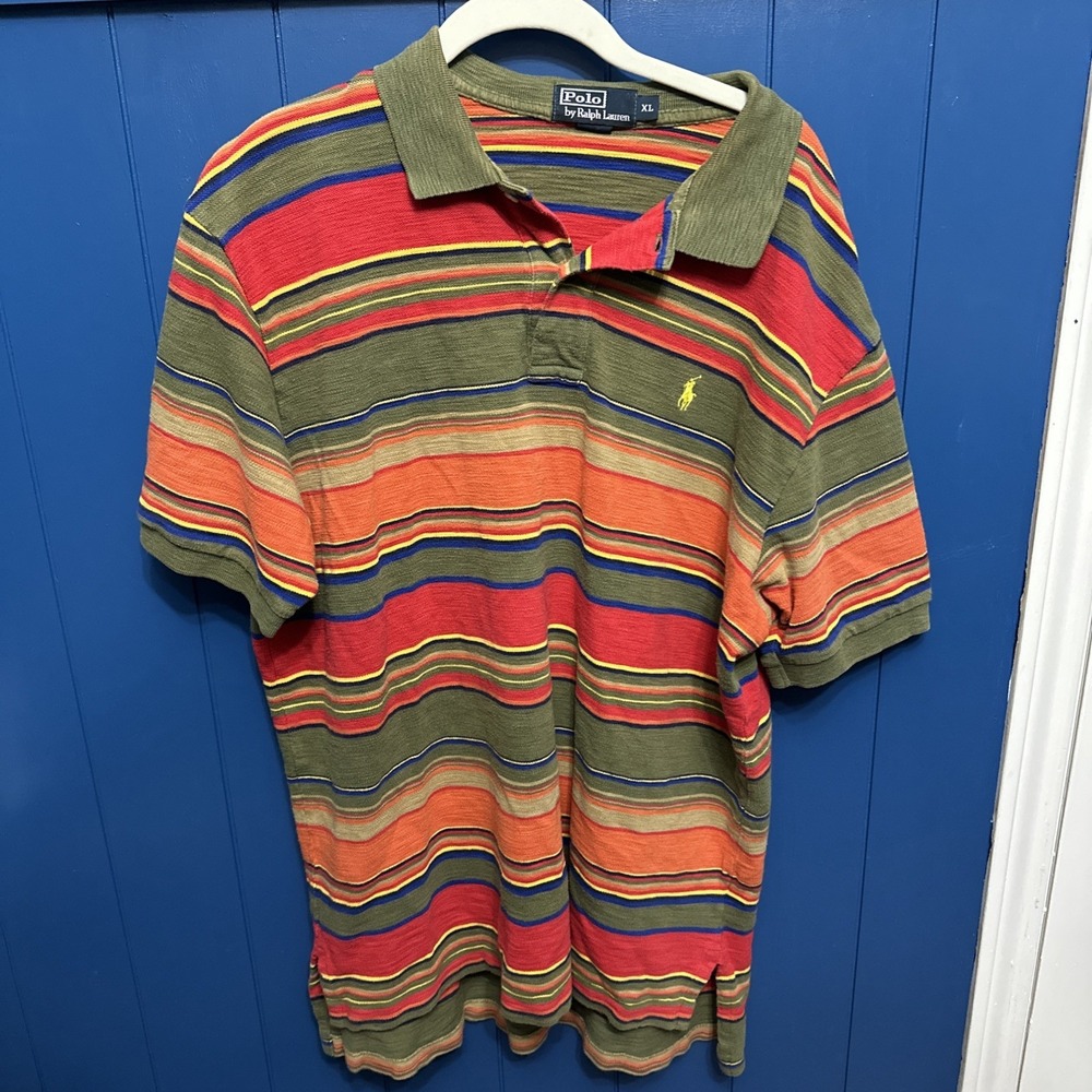 Polo Ralph Lauren Mens L Striped Polo Green Orange Red Yellow Pony 90s‎ Urkel